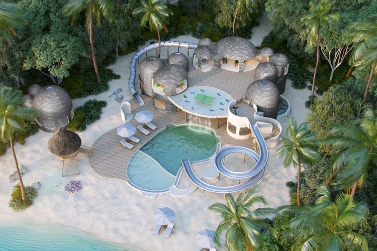 Wayfarers Atlas Luxury Family Surf Resort aerial view of Soneva Jani kids club The Den