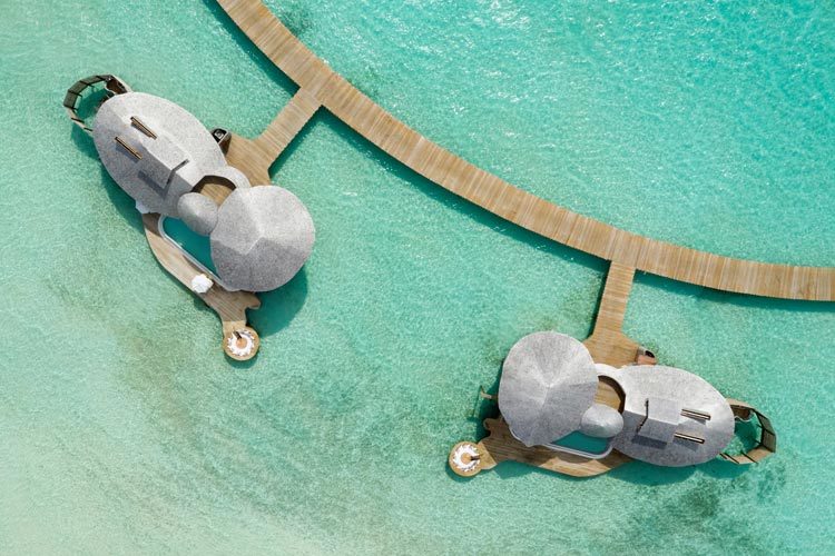 Wayfarers Atlas Luxury Family Surf Resort aerial view of Soneva Jani overwater villas