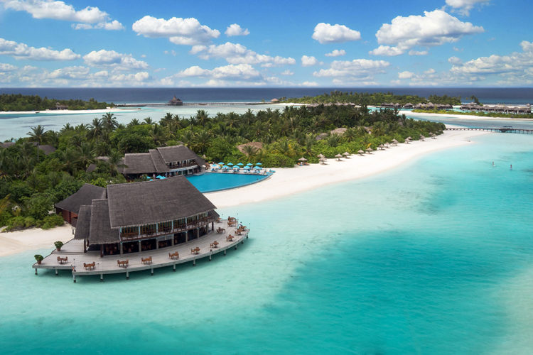 Anantara Dhigu lagoon aerial showing Anantara Veli and Naladhu